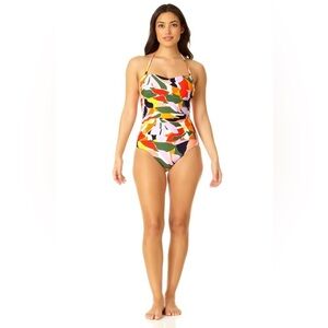 Anne‎ Cole Twist Front Shirred One Piece Swimsuit Size 10 Multicolor